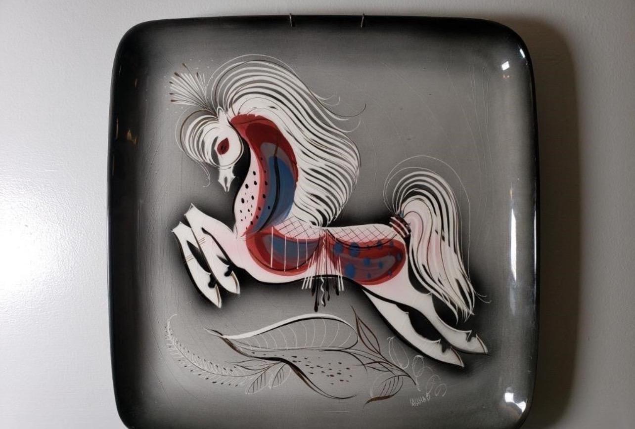 Sascha Brastoff Horse Plate: Mid Century Ceramic - Large Square Charger