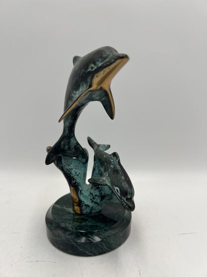 Dolphin Metal Figurine on Marble Base: Vintage Art Pottery