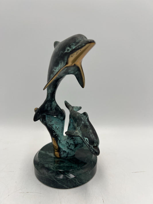 Dolphin Metal Figurine on Marble Base: Vintage Art Pottery
