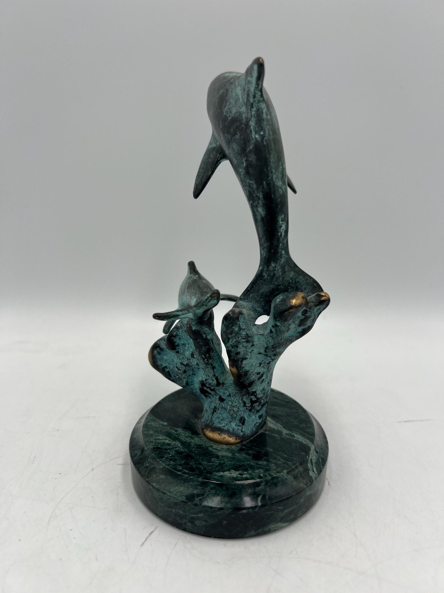 Dolphin Metal Figurine on Marble Base: Vintage Art Pottery