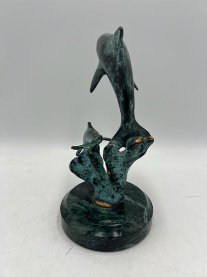 Dolphin Metal Figurine on Marble Base: Vintage Art Pottery