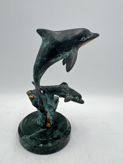 Dolphin Metal Figurine on Marble Base: Vintage Art Pottery