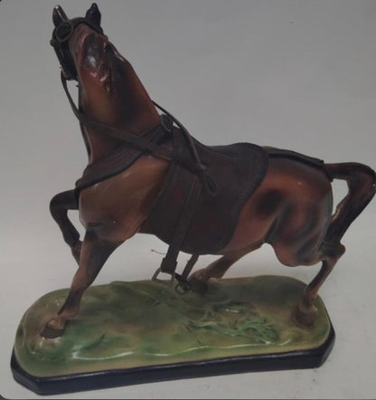 1950s Plaster Horse Sculpture - Rustic Leather Accents