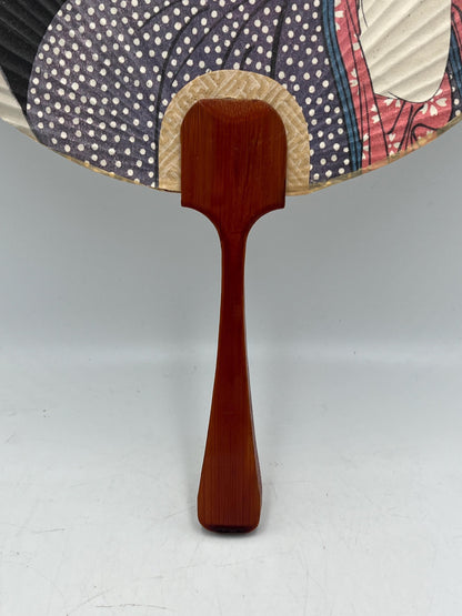 Vintage Japanese Uchiwa Paper Hand Fan with Bamboo Handle