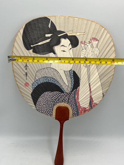 Vintage Japanese Uchiwa Paper Hand Fan with Bamboo Handle