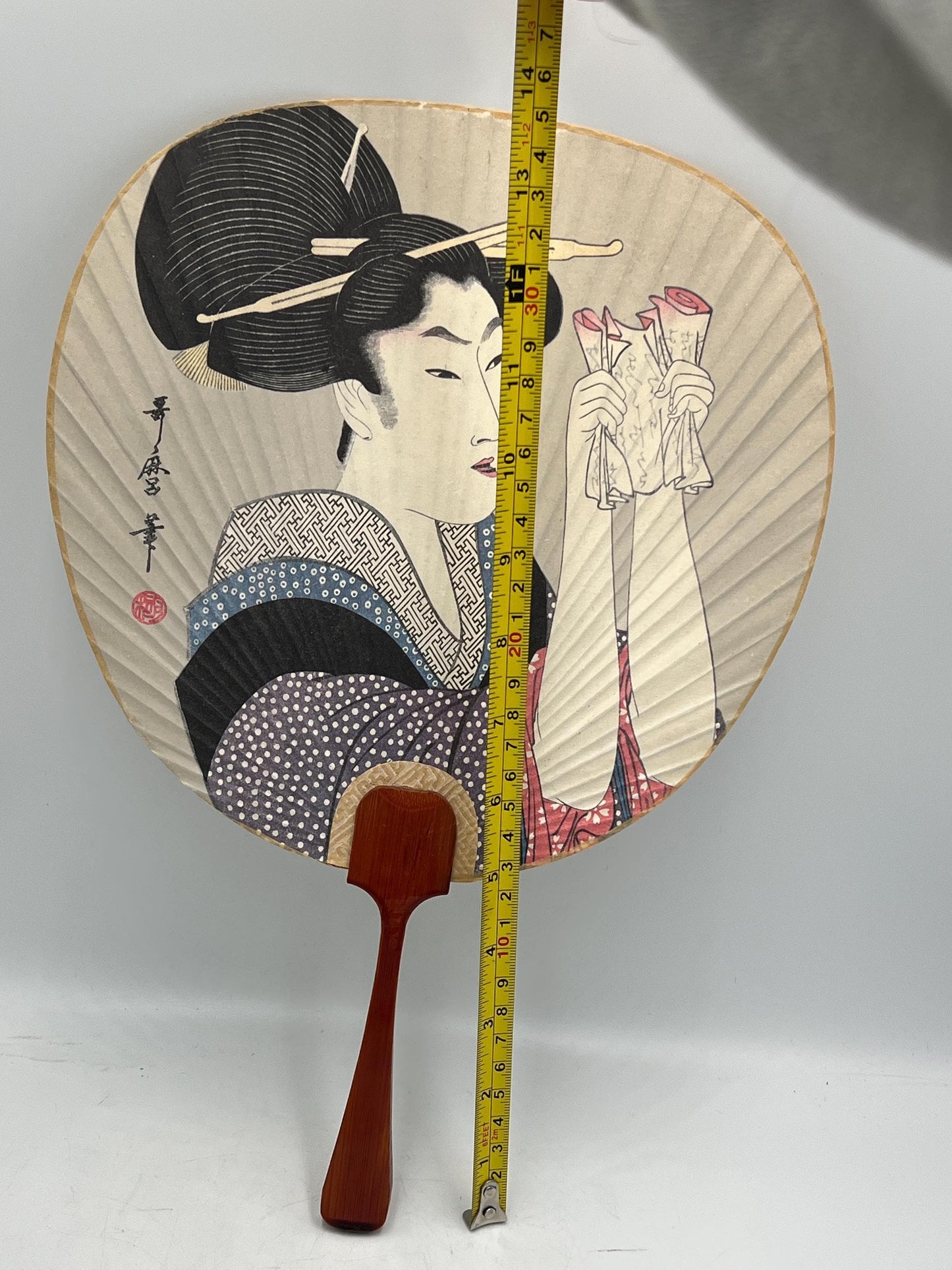 Vintage Japanese Uchiwa Paper Hand Fan with Bamboo Handle