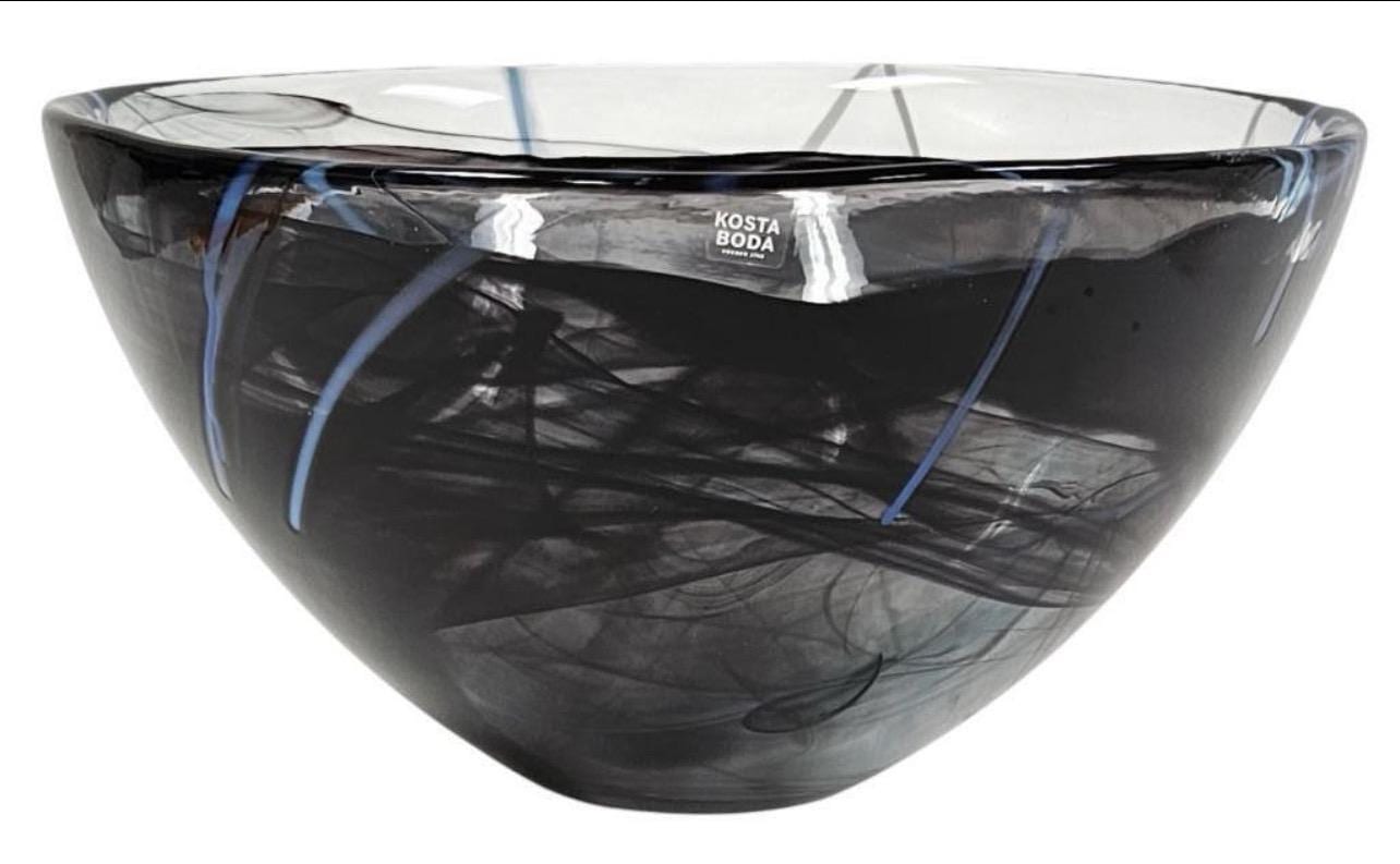 Swedish Art Glass Bowl, Kosta Boda Violet Blue Swirls (9 Inch)