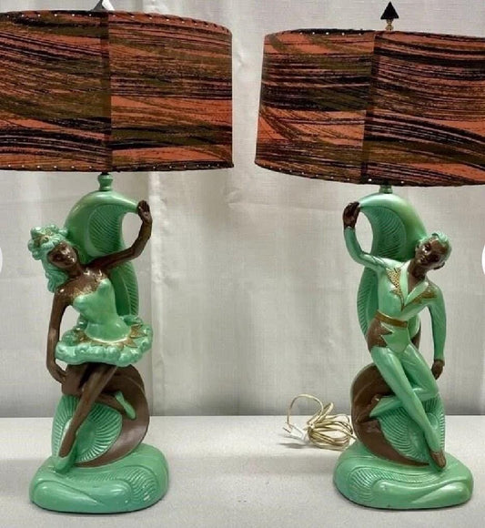 Figural Table Lamp: Green Fairy Style - Mid Century Chalk Ware
