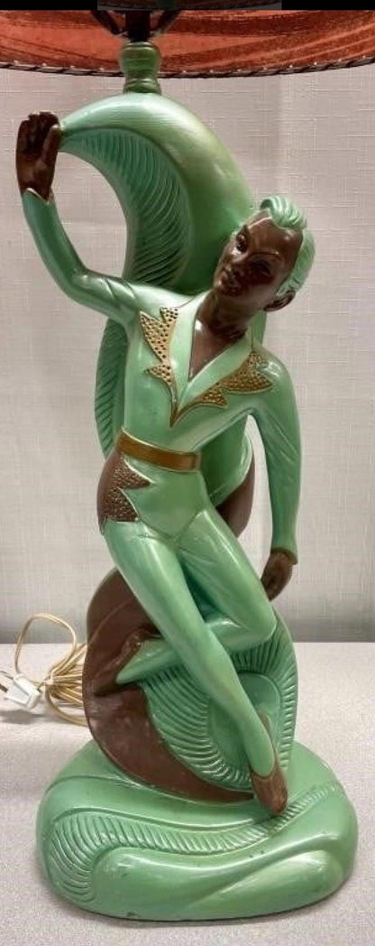 Figural Table Lamp: Green Fairy Style - Mid Century Chalk Ware