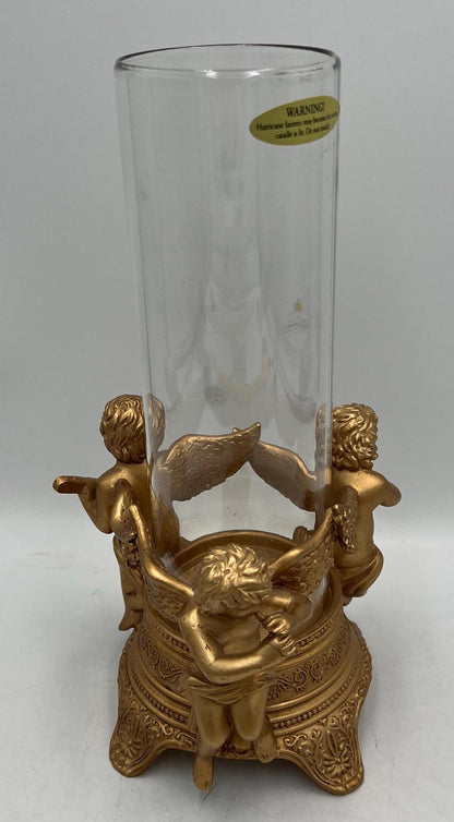 Ornate Telefora Gold Tone Syroco Resin Cherub Angel Designs Glass Globe Candle Holder