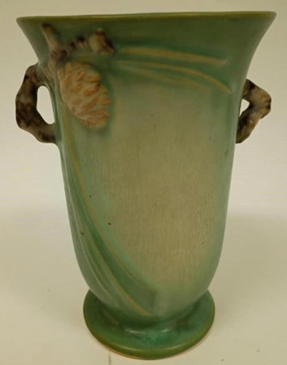 Roseville Green Pinecone, 1936 Vintage Art Pottery, Ceramic Double Handled Vase 838-6