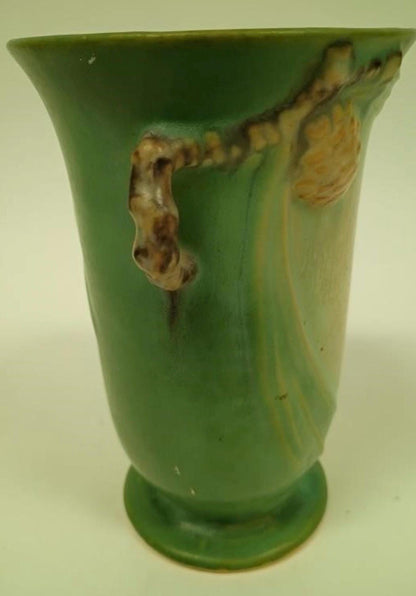 Roseville Green Pinecone, 1936 Vintage Art Pottery, Ceramic Double Handled Vase 838-6