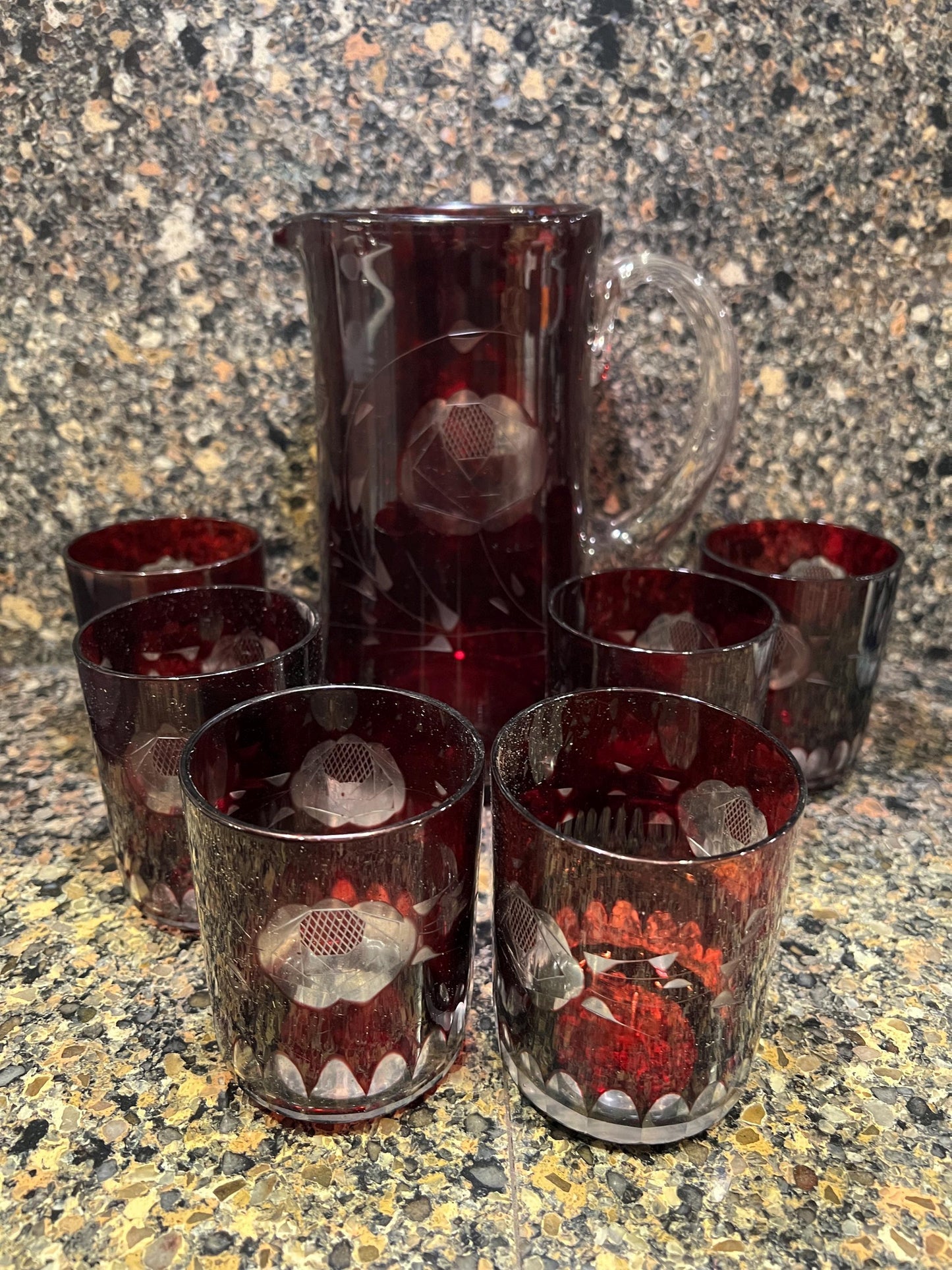 Ruby Red Bohemian Glass Pitcher Set: Cut to Clear with 6 Glasses