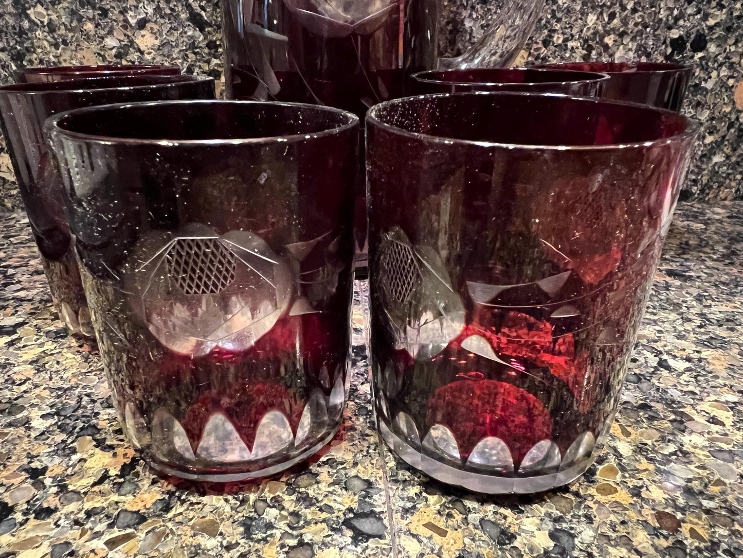 Ruby Red Bohemian Glass Pitcher Set: Cut to Clear with 6 Glasses