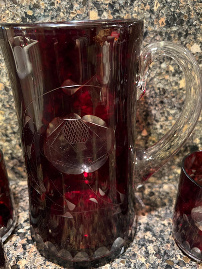 Ruby Red Bohemian Glass Pitcher Set: Cut to Clear with 6 Glasses