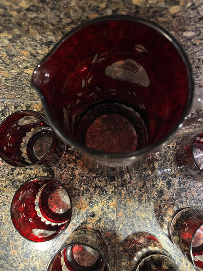 Ruby Red Bohemian Glass Pitcher Set: Cut to Clear with 6 Glasses