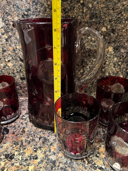 Ruby Red Bohemian Glass Pitcher Set: Cut to Clear with 6 Glasses