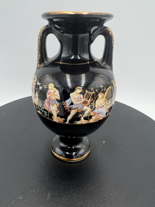 Handmade Greek Fakiolas Ceramic Vase – Vintage Black Pottery – 24k Gold Detail – Small Greek Decor Collectible