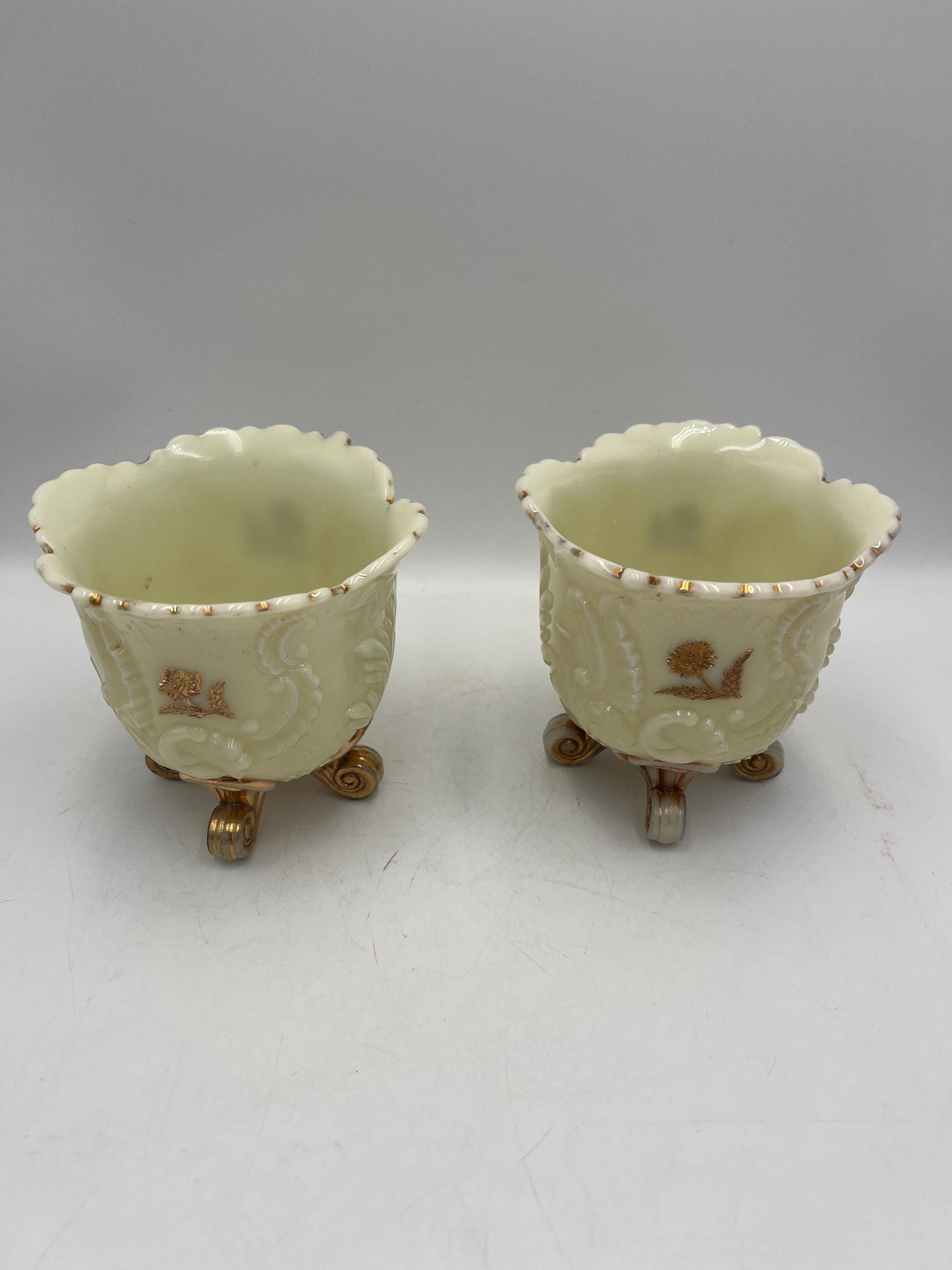 Northwood Louis XV pattern pair of custard glass footed spooner with gold gilt decoration
