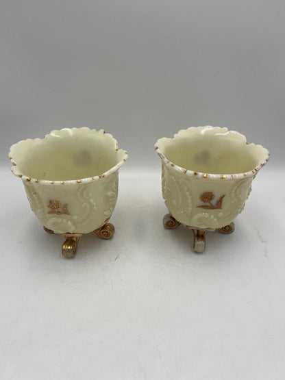 Northwood Louis XV pattern pair of custard glass footed spooner with gold gilt decoration
