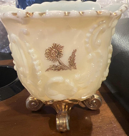 Northwood Louis XV pattern pair of custard glass footed spooner with gold gilt decoration