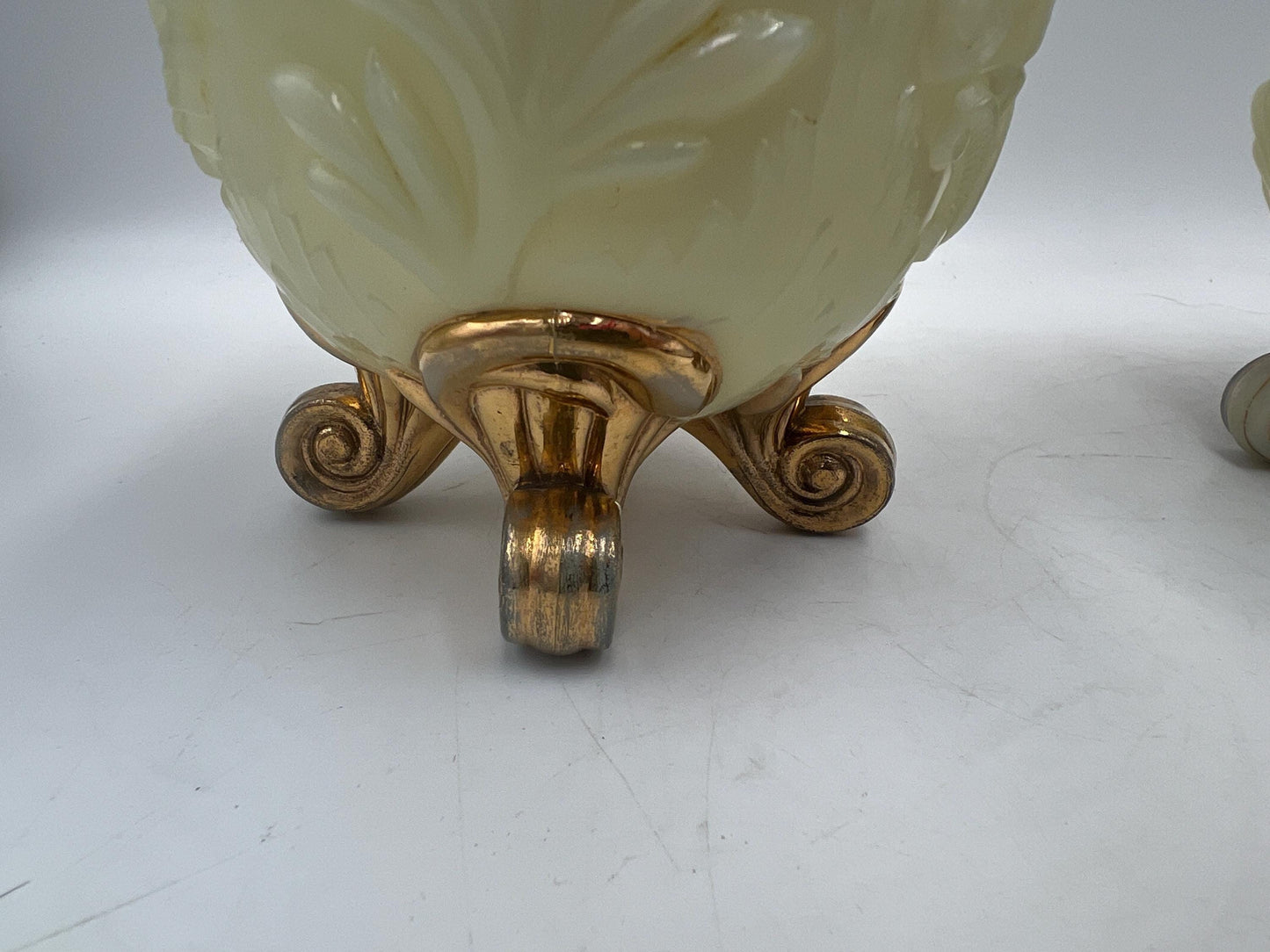Northwood Louis XV pattern pair of custard glass footed spooner with gold gilt decoration