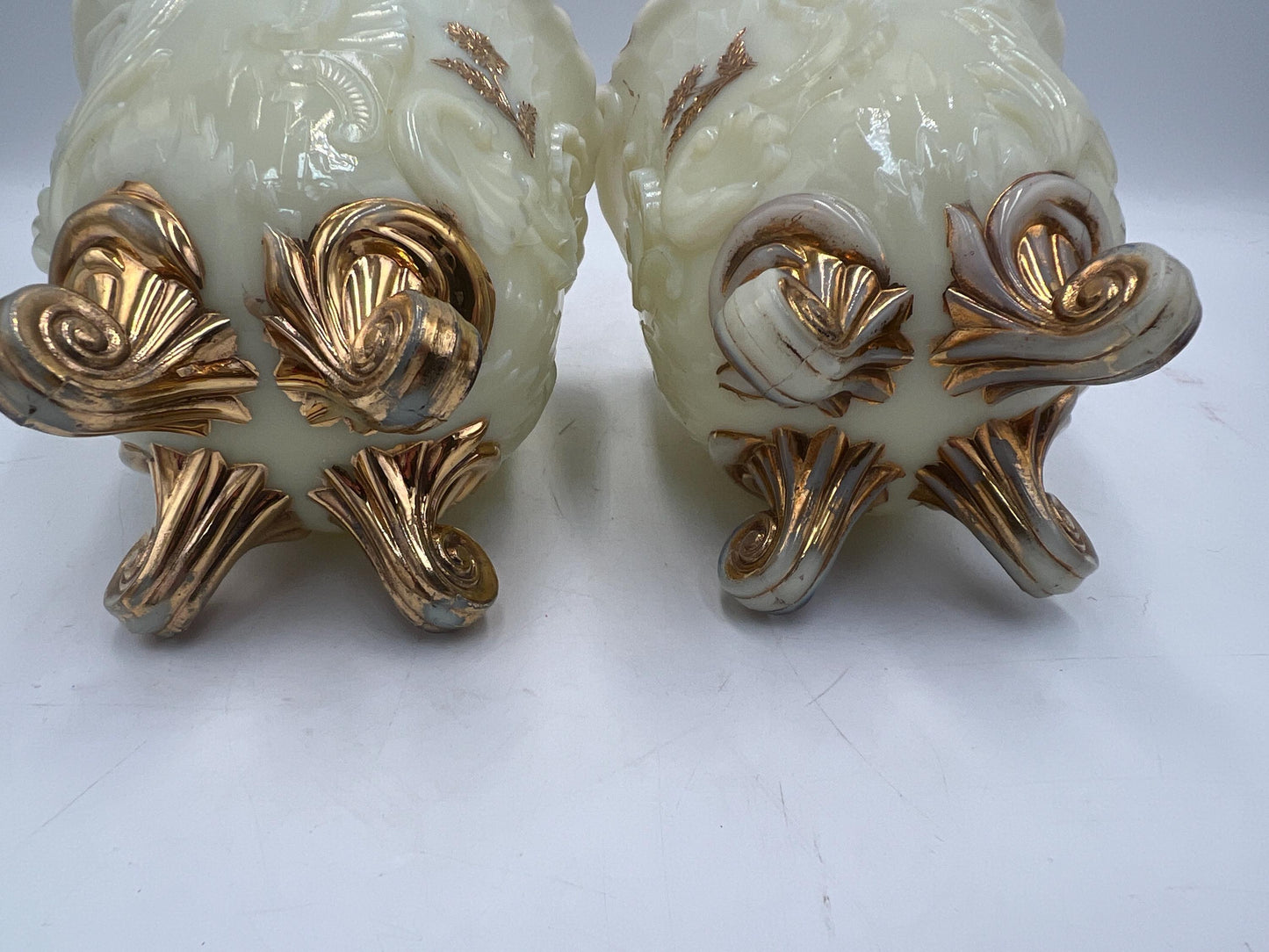 Northwood Louis XV pattern pair of custard glass footed spooner with gold gilt decoration