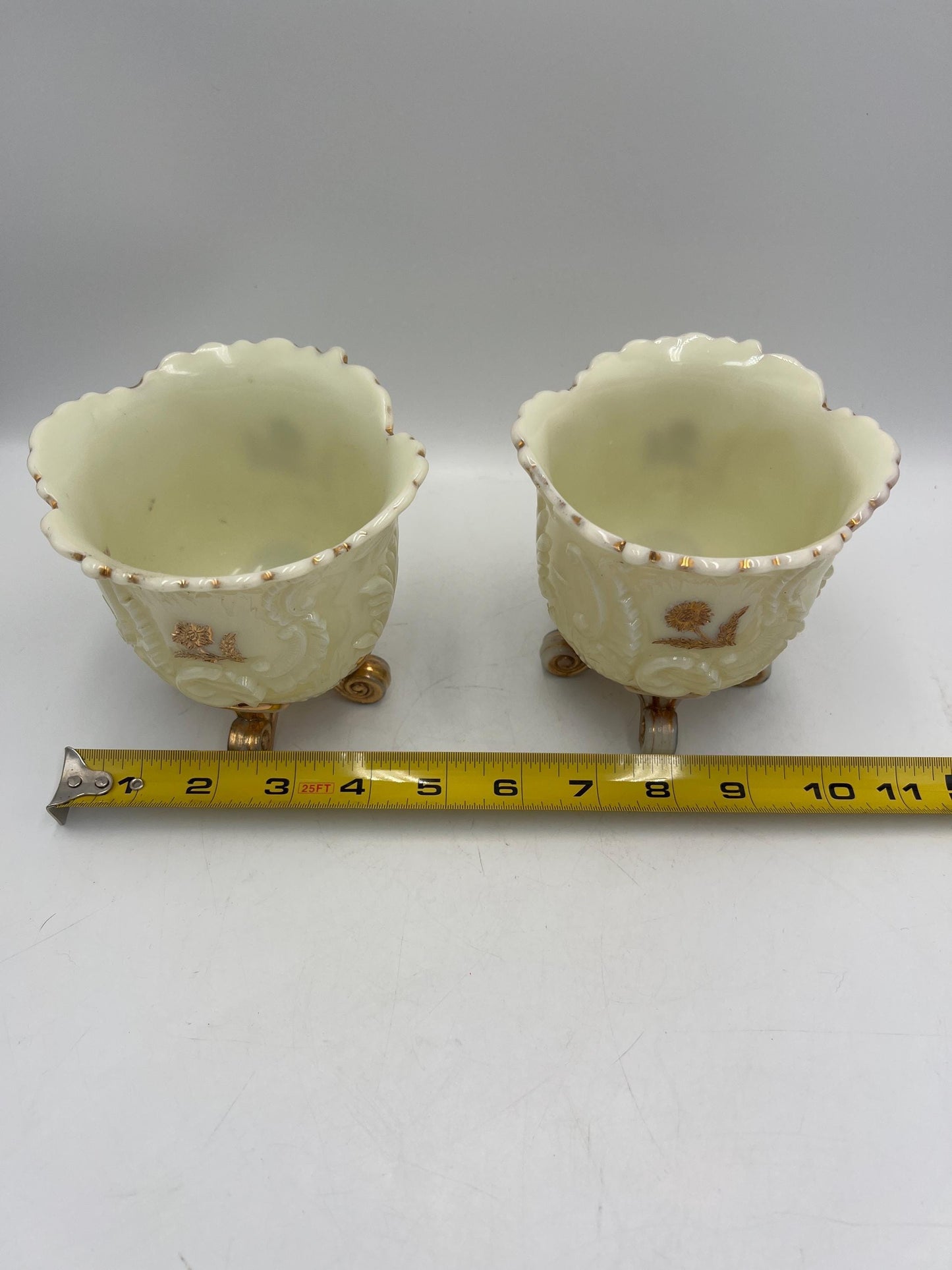 Northwood Louis XV pattern pair of custard glass footed spooner with gold gilt decoration