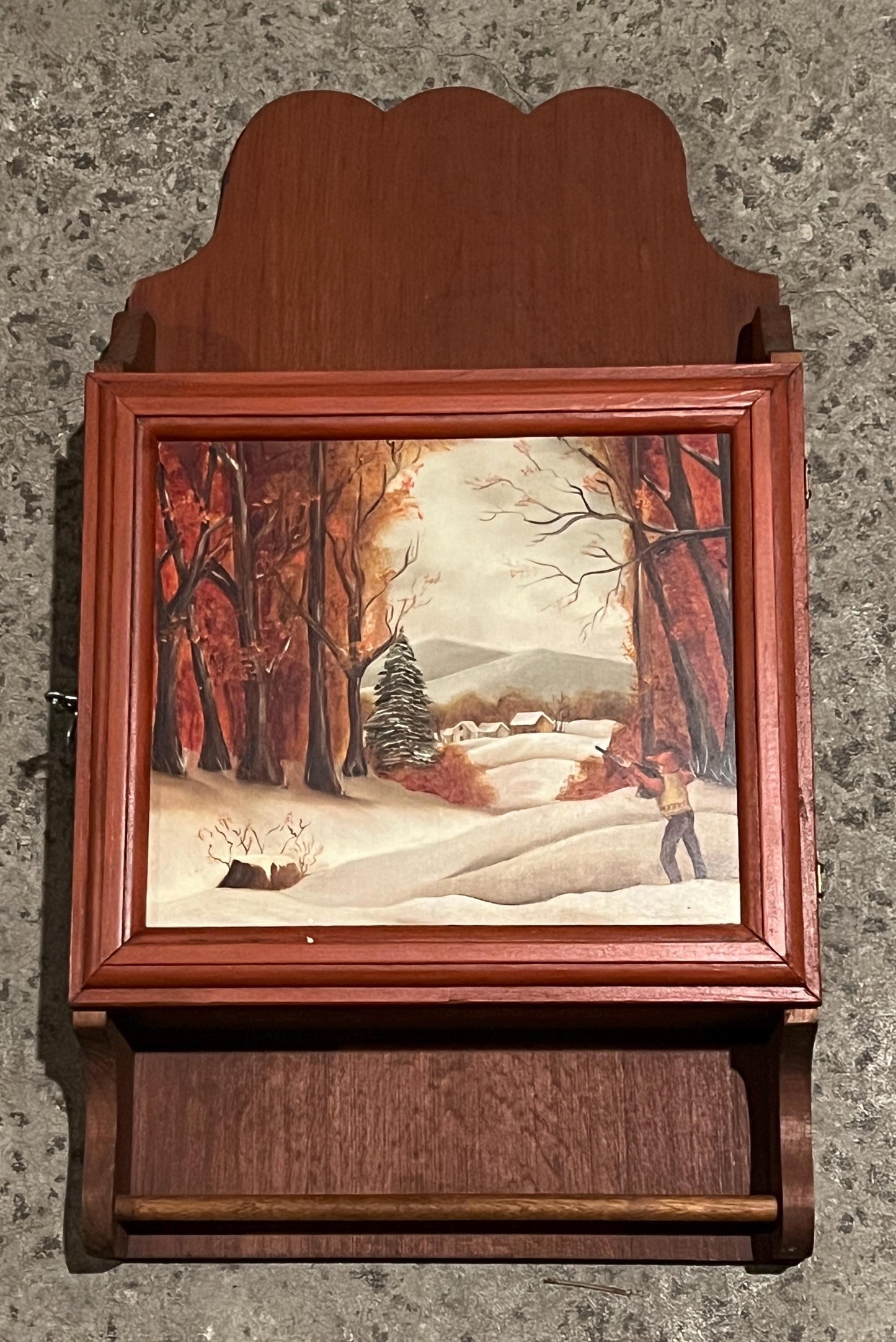 Mid-Century Wooden Wall Cabinet, Hand-Painted Winter Scene (Vintage 20")