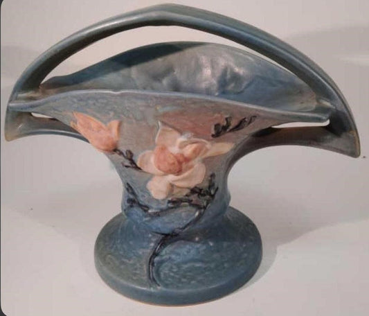 Roseville Blue Magnolia Vase - Vintage Handled Ceramic Pottery