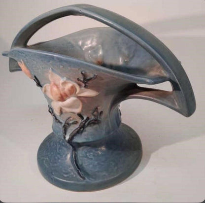 Roseville Blue Magnolia Vase - Vintage Handled Ceramic Pottery