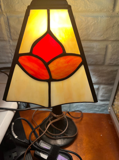 Floral Motif Tiffany Style Lamp - Stained Glass Shade, Bronze Base