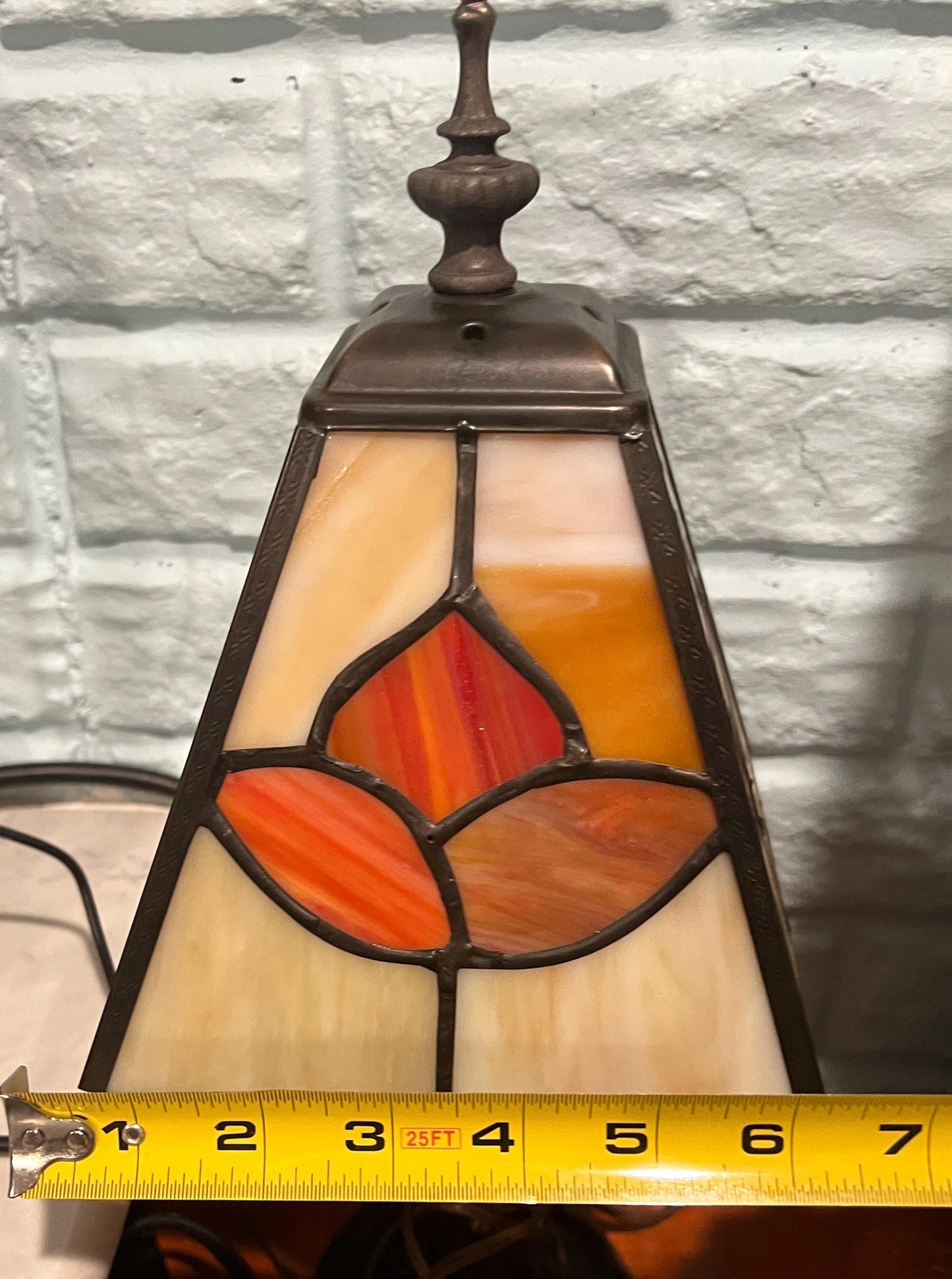 Floral Motif Tiffany Style Lamp - Stained Glass Shade, Bronze Base