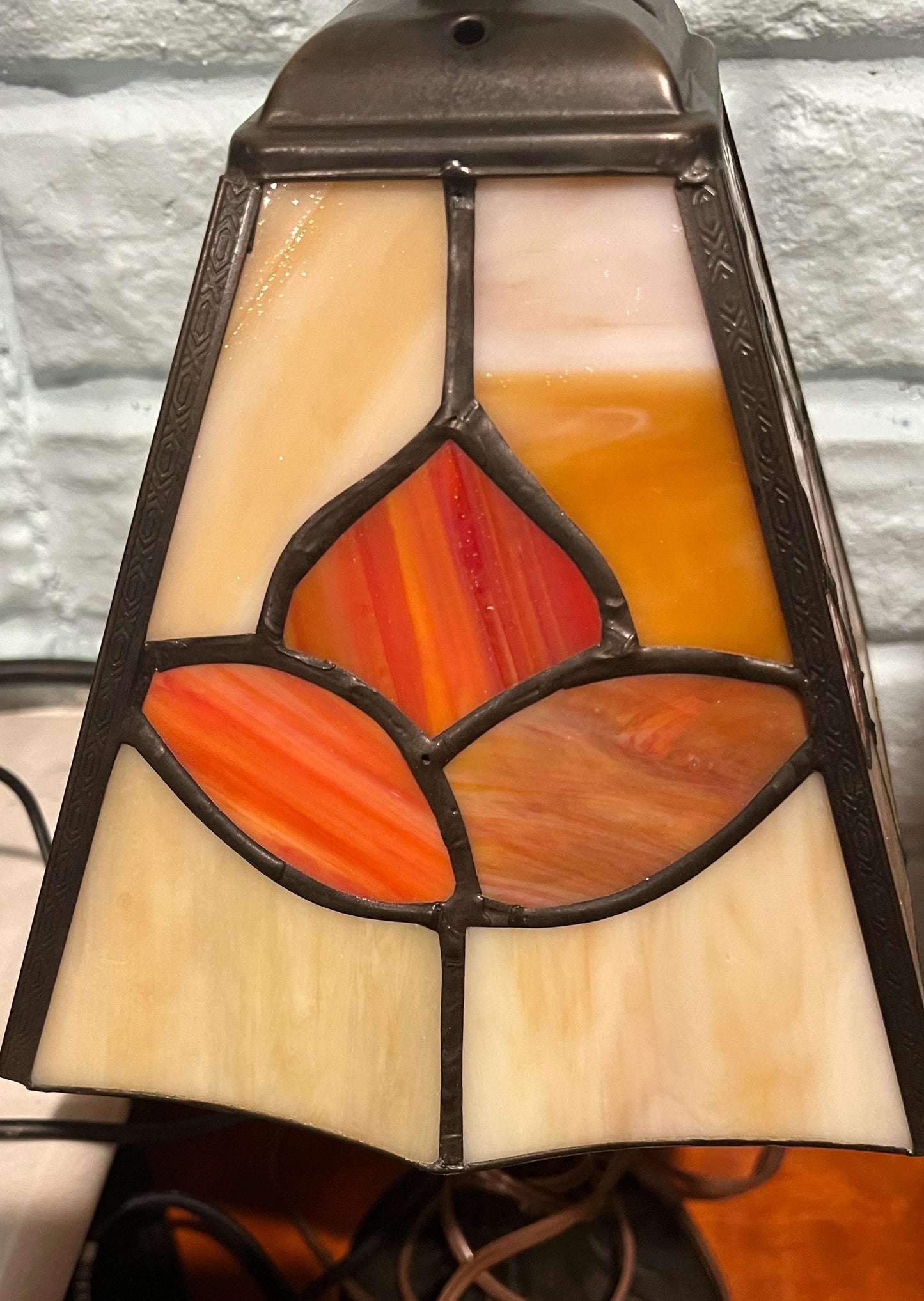 Floral Motif Tiffany Style Lamp - Stained Glass Shade, Bronze Base