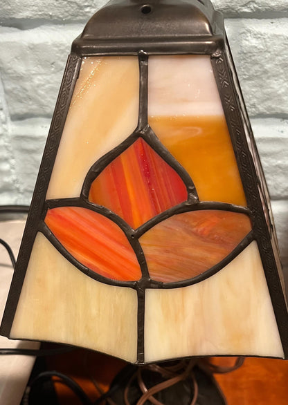 Floral Motif Tiffany Style Lamp - Stained Glass Shade, Bronze Base