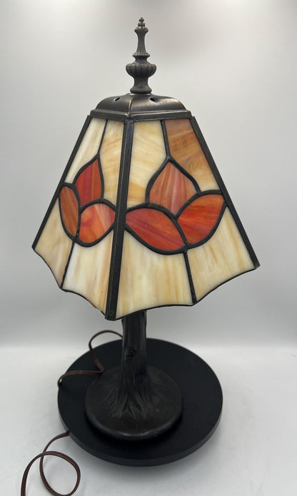 Floral Motif Tiffany Style Lamp - Stained Glass Shade, Bronze Base