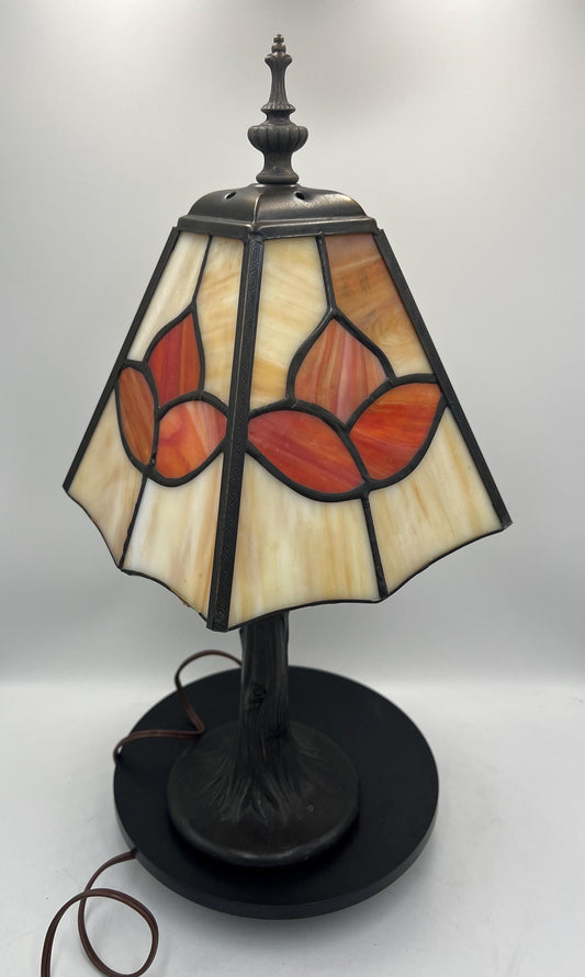 Floral Motif Tiffany Style Lamp - Stained Glass Shade, Bronze Base