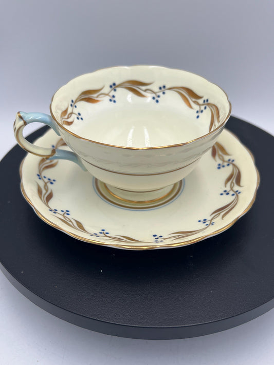 Copelands Grosvenor England China Cup and Saucer Set Gold Leaves and Blueberries Pattern Oriental Floral Flowers Vintage Tea Party