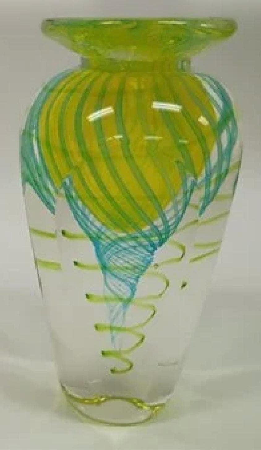 Mid Century Modern Sommerso Italian Green & Yellow Blue Spiral Vase - Heavy and Solid!