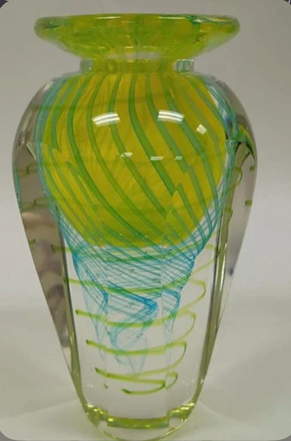Mid Century Modern Sommerso Italian Green & Yellow Blue Spiral Vase - Heavy and Solid!