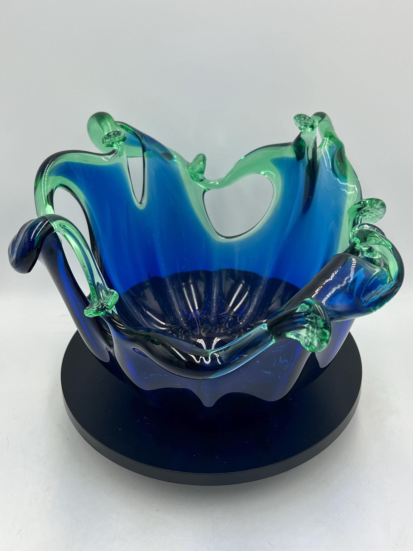 Murano Hand Worked Glass Centerpiece Bowl Cobalt Blue with Green Splash Design