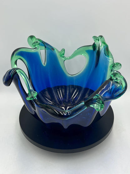 Murano Hand Worked Glass Centerpiece Bowl Cobalt Blue with Green Splash Design