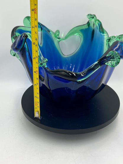Murano Hand Worked Glass Centerpiece Bowl Cobalt Blue with Green Splash Design