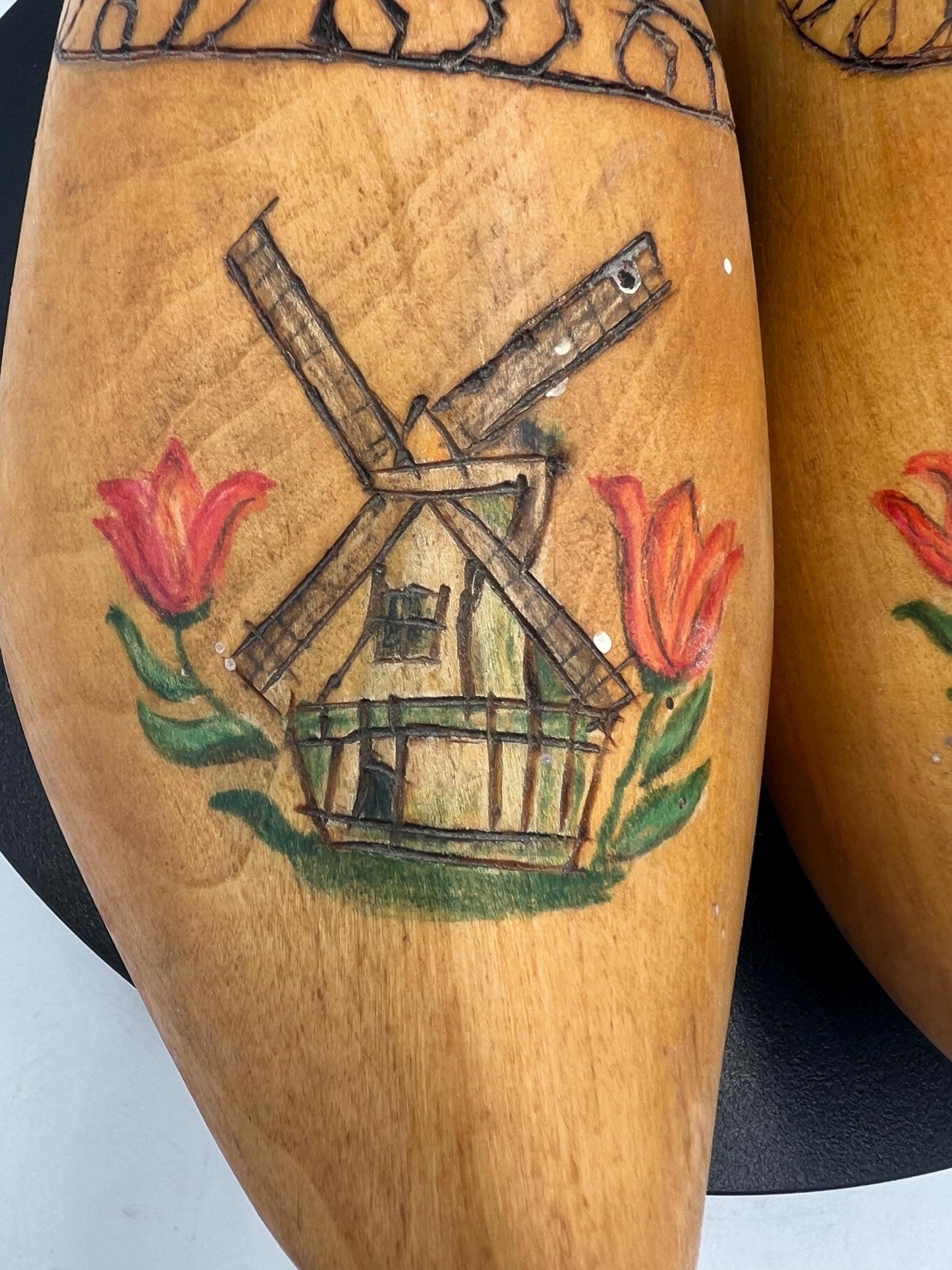 Vintage Pair Wooden Clogs Shoe Made in Holland Hand-Painted Windmill
