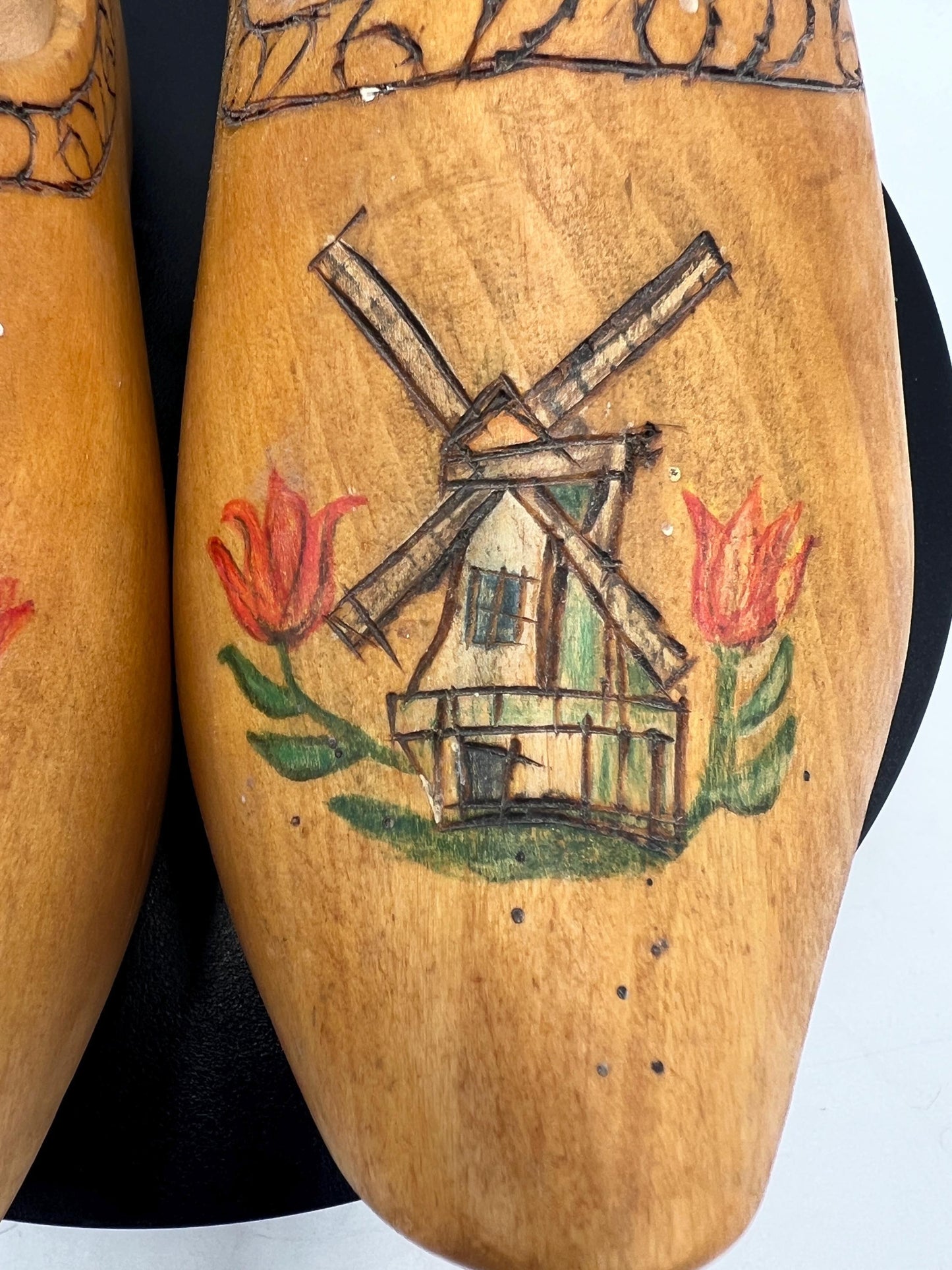 Vintage Pair Wooden Clogs Shoe Made in Holland Hand-Painted Windmill