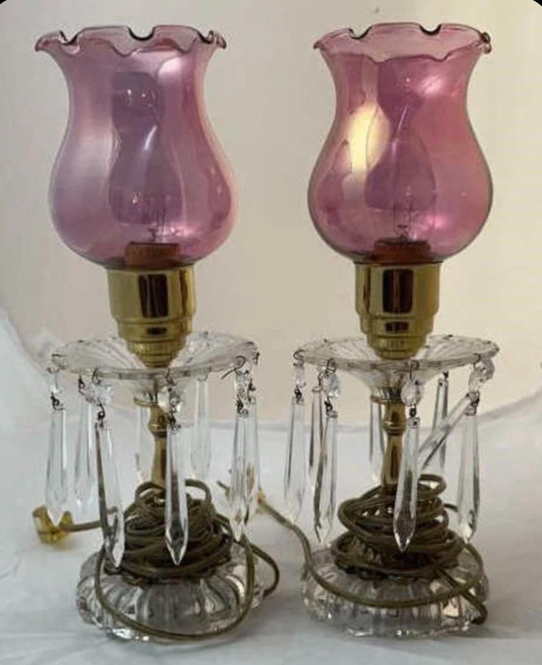 Antique Lamps with Crystals / prisms and Cranberry shade, Works well! Sold individually