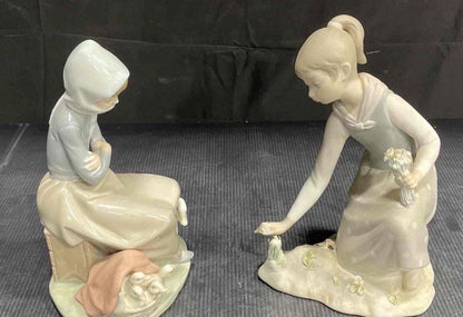 Lladro Statues, "Girl Gathering Flowers" and "Duck Seller" Lladro Porcelain Sculpture - Sold Individually