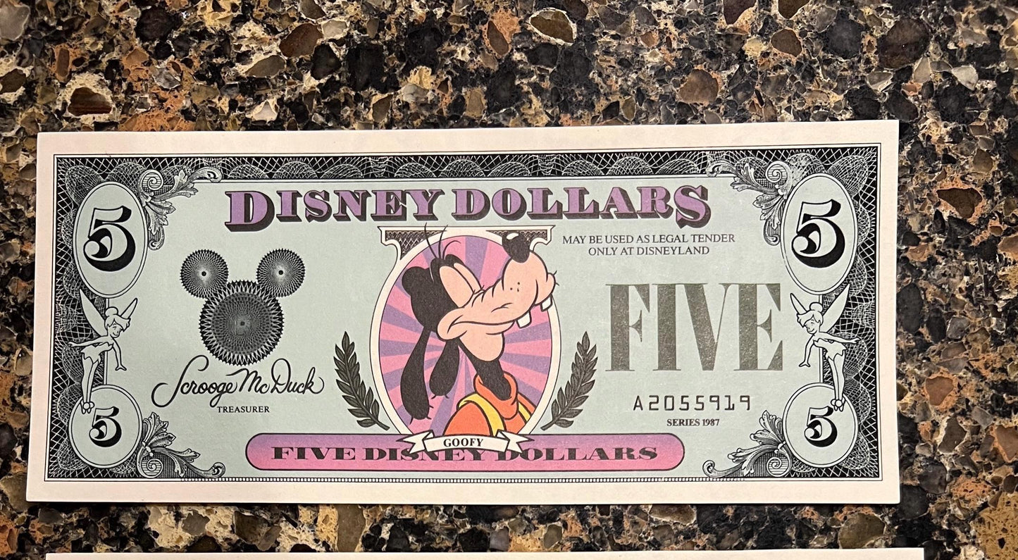 DISNEY Dollars - Huge Variety Available - Ten Dollars - Five - One - Being Sold as Individual Bills