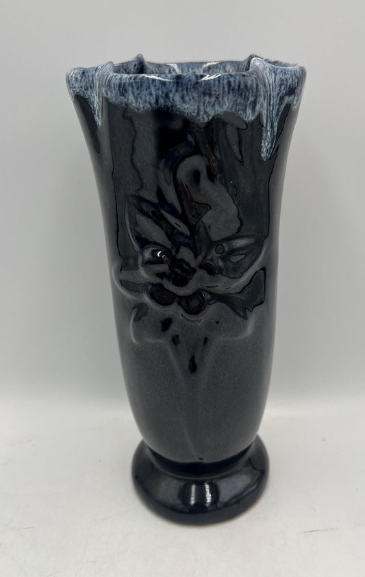 Vintage Van Briggle Pottery Vase Colorado Springs Black Blue Drip Glaze Art Pottery Floral Relief 8.75 Inch MCM