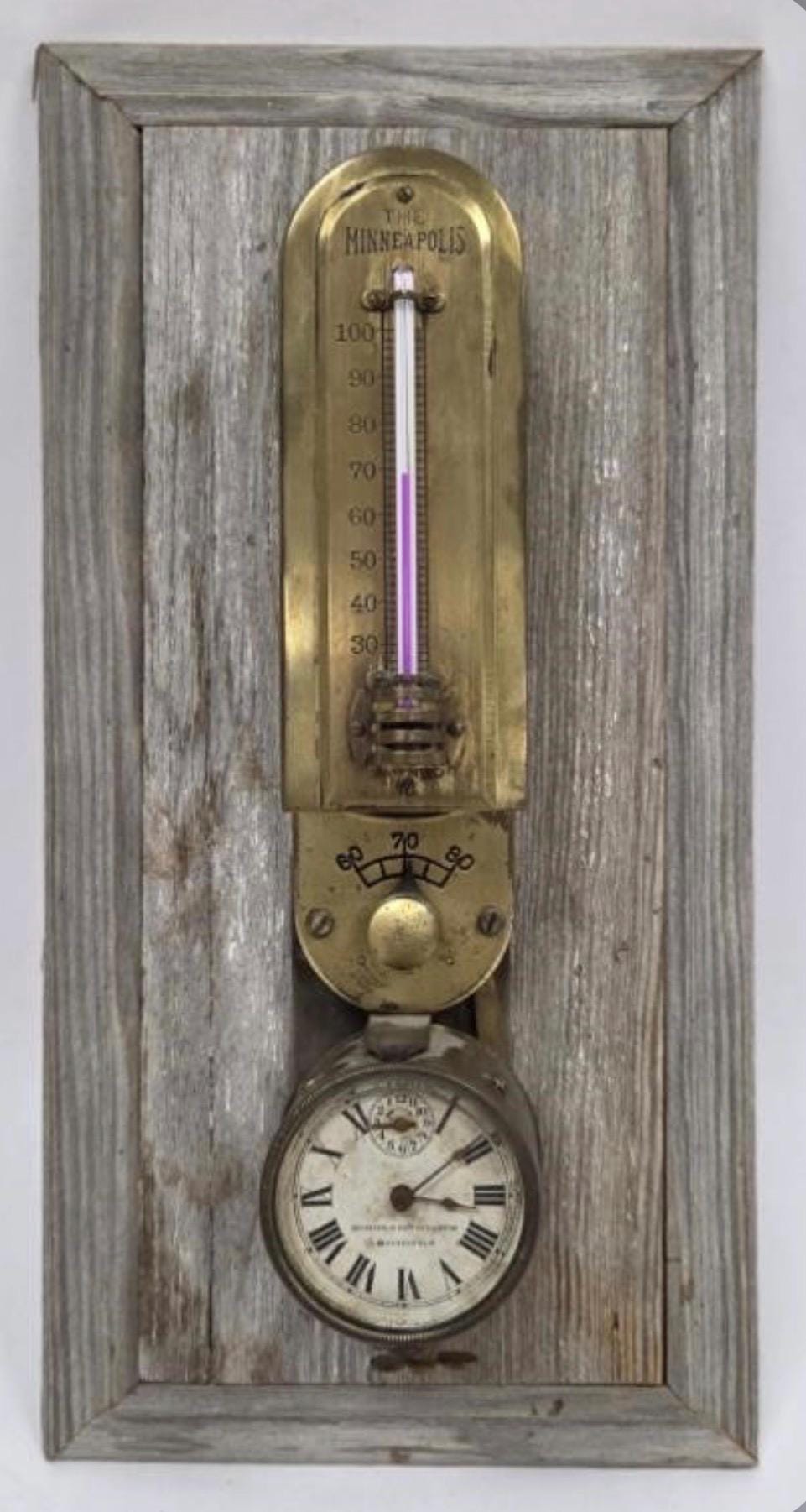 Antique Minneapolis Heat Regulator Thermostat w Clock | Early Programmable Wall Thermometer | Industrial Brass Heating Control | c.1915-1918